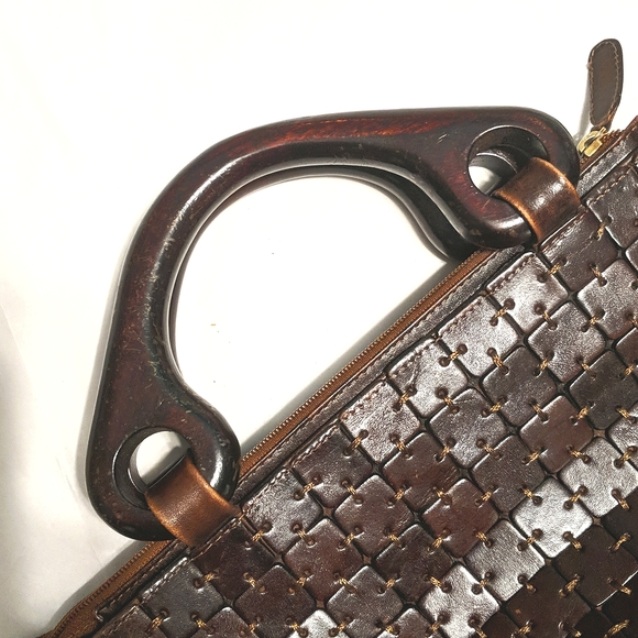 Vintage CEM Leather Tile Patchwork Purse Handbag Shoulder Bag Wood Handle Brown - Picture 6 of 15